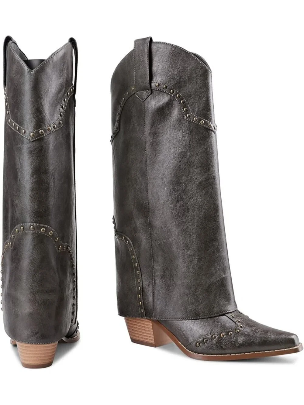 Women's Grey Shark Boots Knee High Cowboy Cowgirl Fold Over Chunky Heel